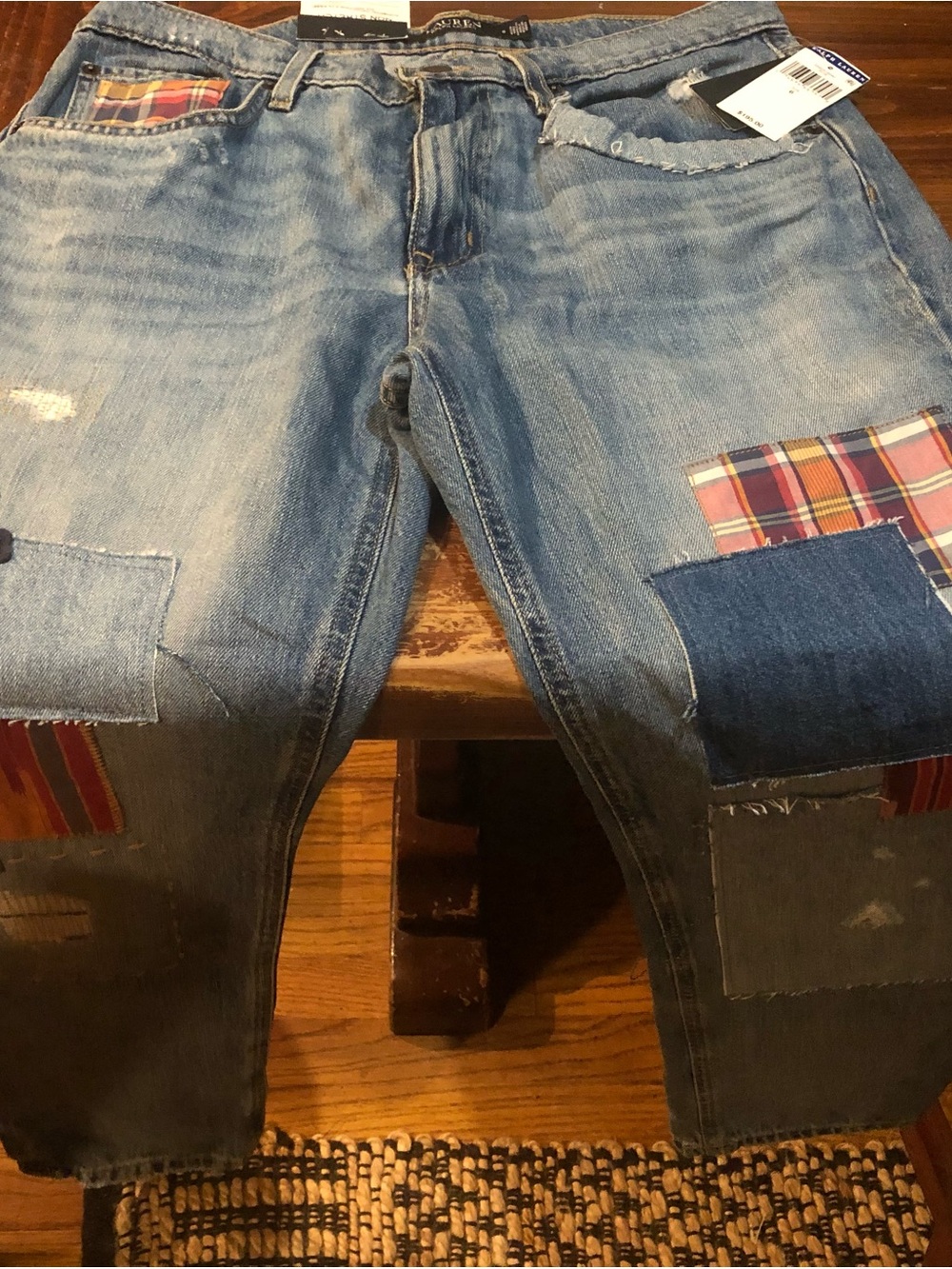 Ralph Lauren Blue Denim Straight-Leg Jeans with Plaid Patchwork
